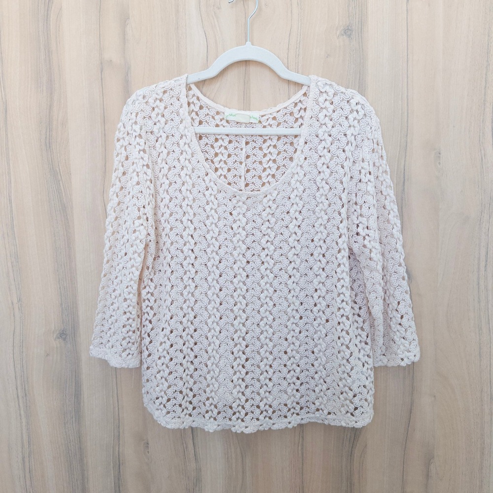 Staring at Stars Womens Crochet Open Knit Top Large Cream Boho Coastal Cottage